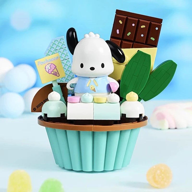 Sanrio Pochacco Cupcake bloques de construcción lindo juguete Streetview escena montaje modelo juguete ornamento niños educación regalos de vacaciones