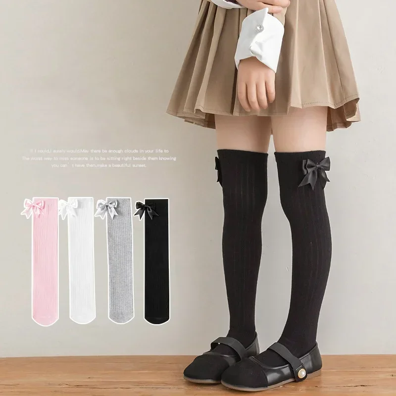 Calcetín suave hasta la rodilla para niños y niñas, mallas con lazo a la moda, calcetín de algodón para primavera y otoño, calcetín escolar para niños