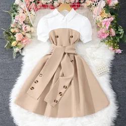 Vestido midi caqui para niña – Manga corta verano