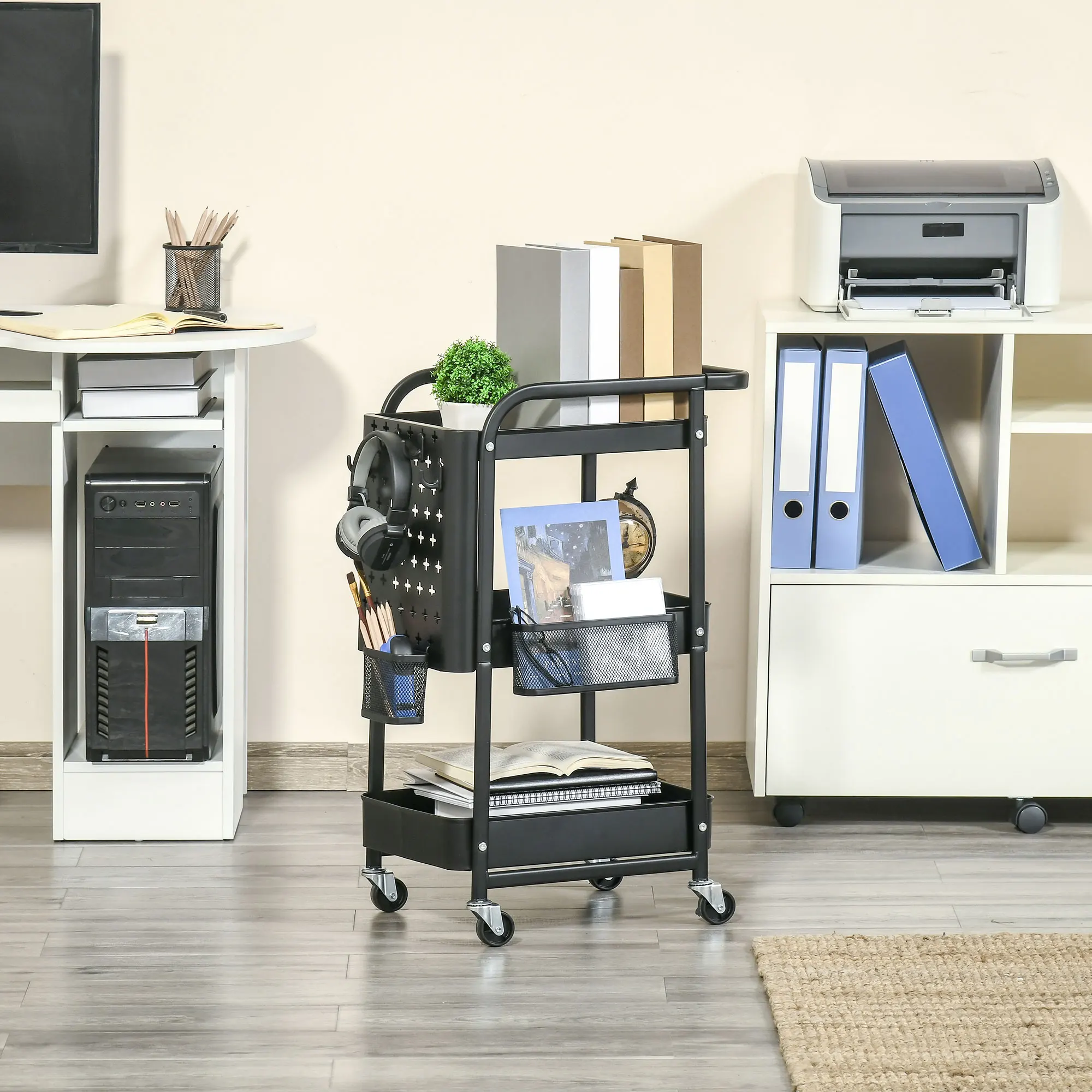 HOMCOM Carrito de Cocina con Ruedas Carro de Almacenamiento de 3 Niveles 4 Ganchos Asa 2 Cestas Colgantes y Frenos para Baño Salón Dormitorio 51,5x32x75,6 cm Negro - imagen 2