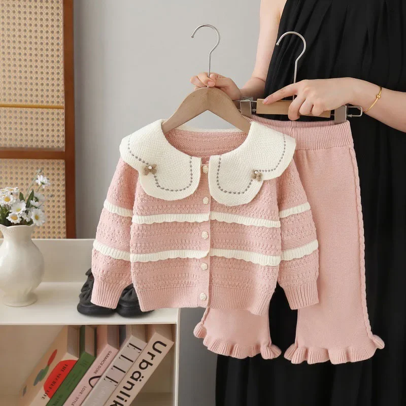 MILANCEL nuevo conjunto de ropa de otoño para niños 2-6T lindo Color bloque tejido niñas suéter + Pantalones solapa grande prendas de vestir sueltas para niños 2 uds - imagen 2