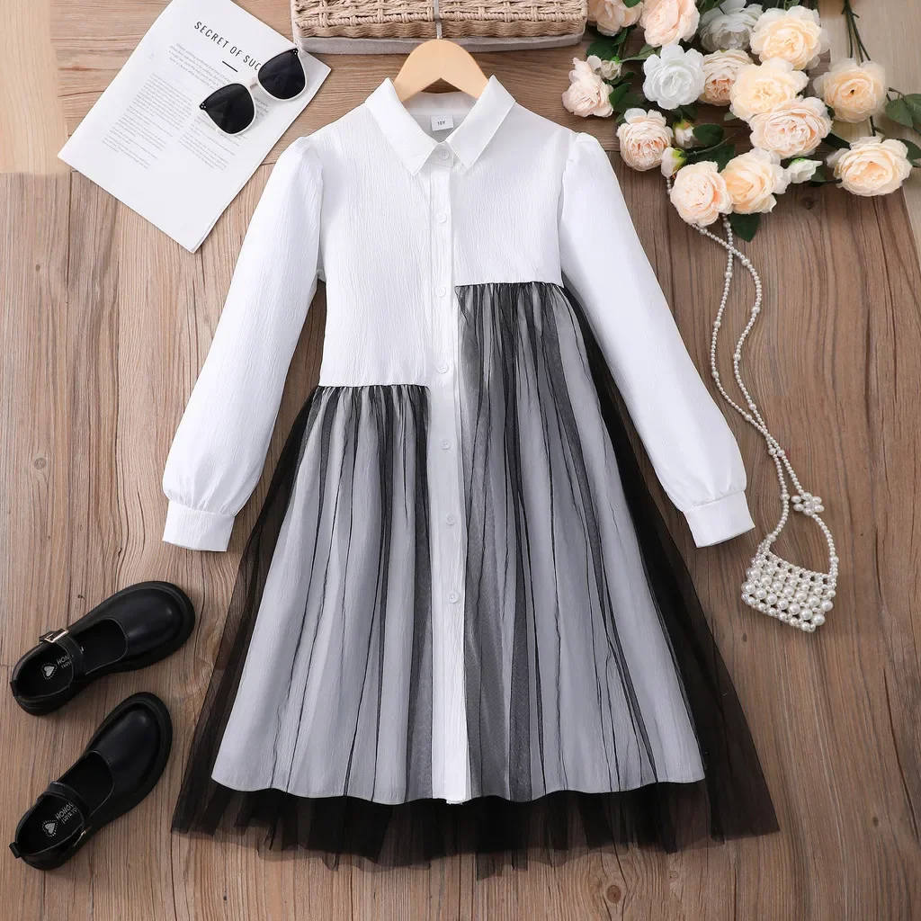 Vestido blanco y negro para niñas, vestido asimétrico personalizado de manga larga para niños, vestidos casuales de moda para chicas de 8, 9, 10, 11 y 12 años
