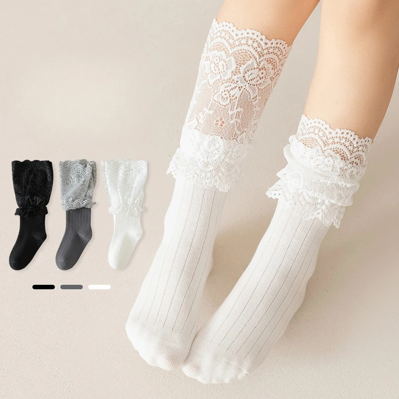 1 par de calcetines de baile de encaje a la moda para chico, calcetines elegantes y dulces de princesa con volantes hasta la pantorrilla para niños, calcetines escolares de algodón suave para primavera y verano - imagen 2