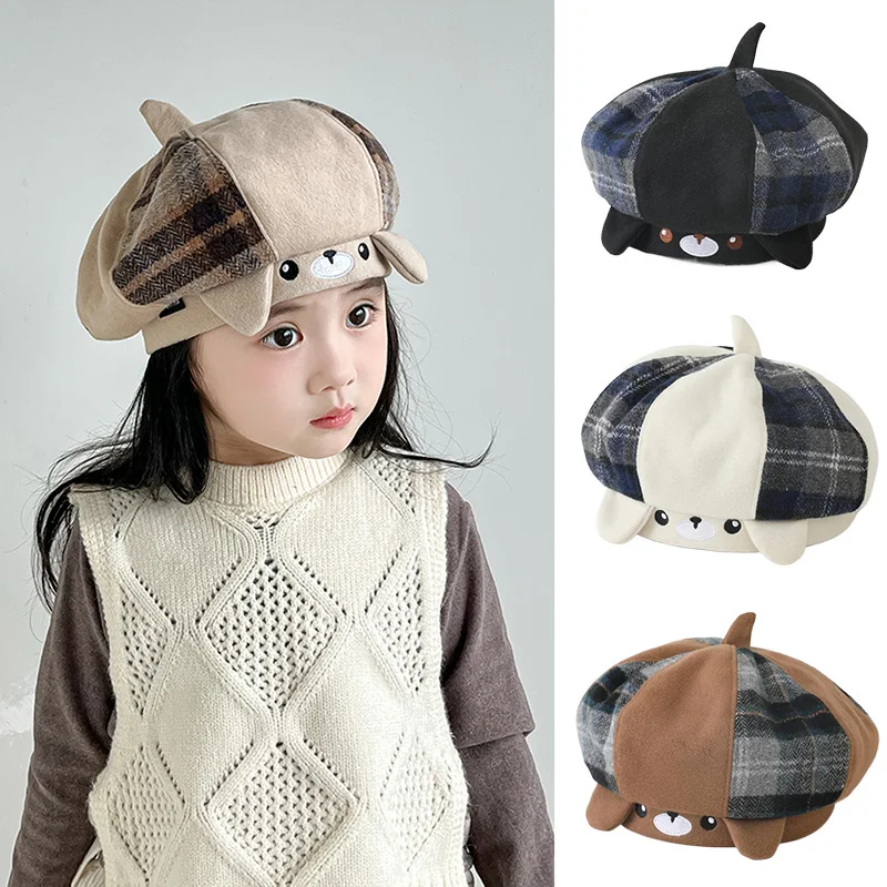 New Baby Girls Beret Hat Autumn Winter Plaid Bear Hats Princess Cute Berets Cap Korean Fashion Kids Accessories 1-3 Years
