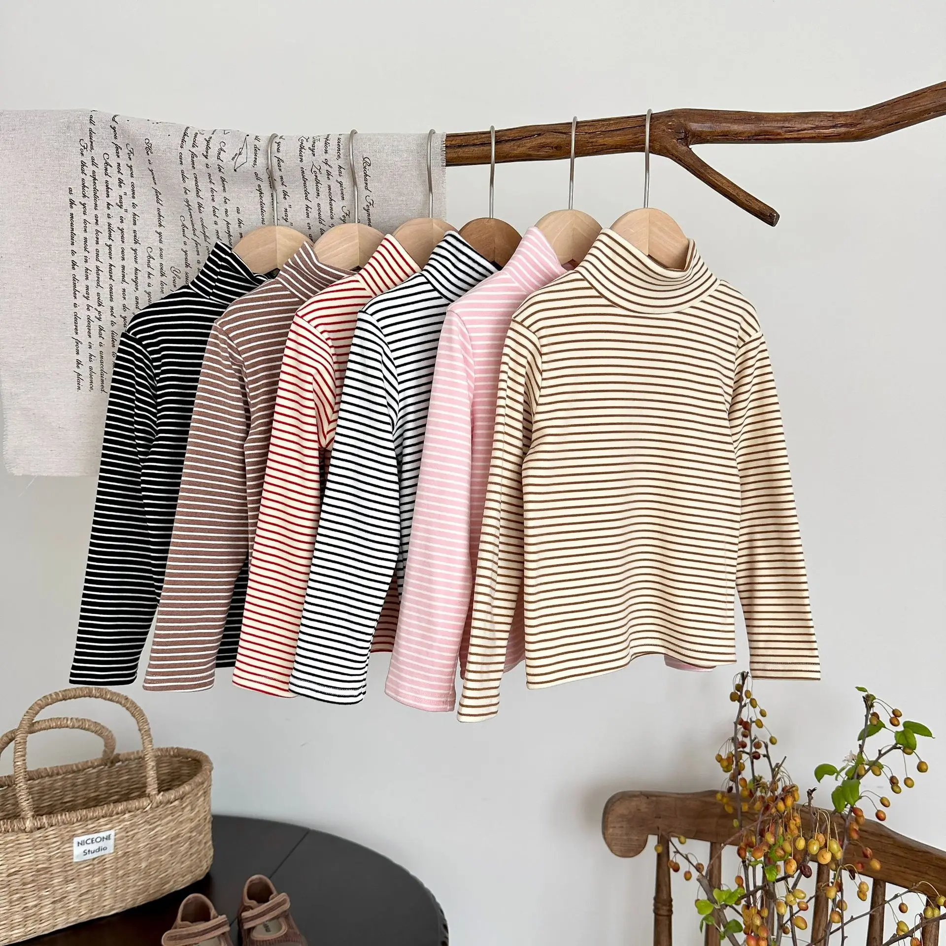 Ropa para niños de 2 a 7 años, blusa clásica a rayas para niñas, Tops básicos de cuello alto, camisa cálida de manga larga para niños, ropa básica para niños - imagen 4