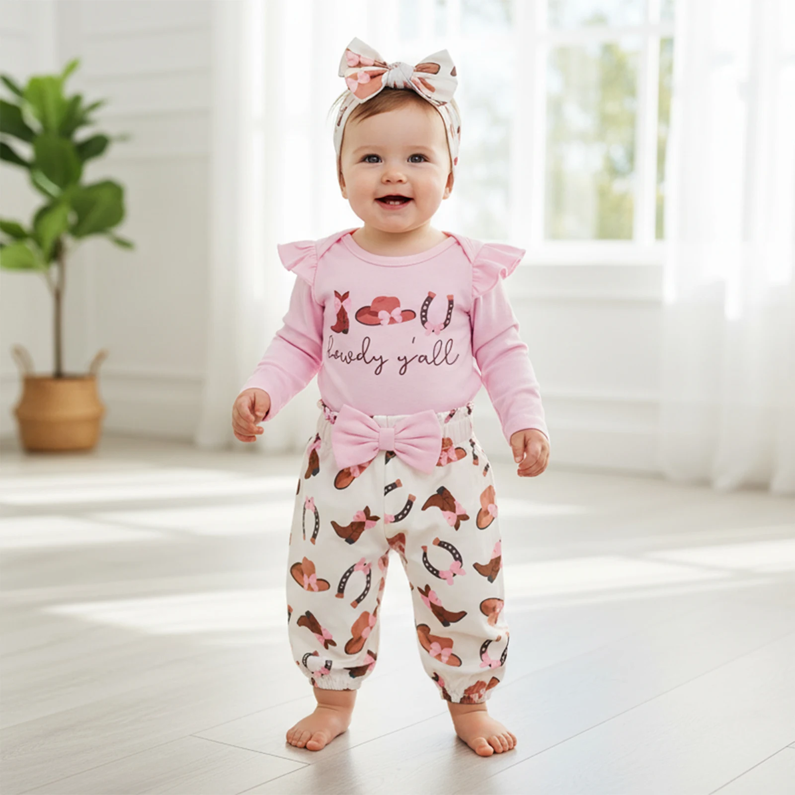 Suefunskry Conjuntos de ropa para niña, botas occidentales de moda, mameluco estampado de manga larga con pantalones, diadema, trajes de otoño de 3 piezas