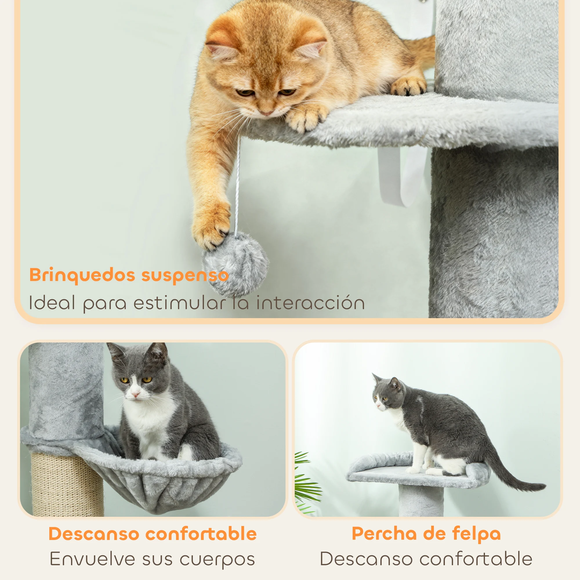 PawHut Árbol Rascador para Gatos, Árbol para Gatos 103,5 cm, Torre Escalador con Cama, Hamaca, Plataforma, Poste de Sisal Extra Grueso, Bola Colgante, Gris Claro - imagen 5