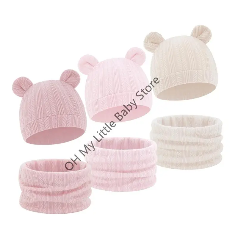 M76C Conjunto bufanda punto listo para invierno, tela mezcla algodón, cubierta Reversible para orejas bebé, ropa