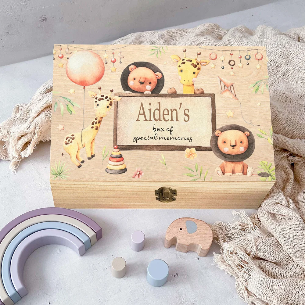 Caja de recuerdos de madera personalizada, caja de memoria con nombre personalizado para chico, caja de madera con patrón de animales bonitos, regalos de cumpleaños y vacaciones para niño