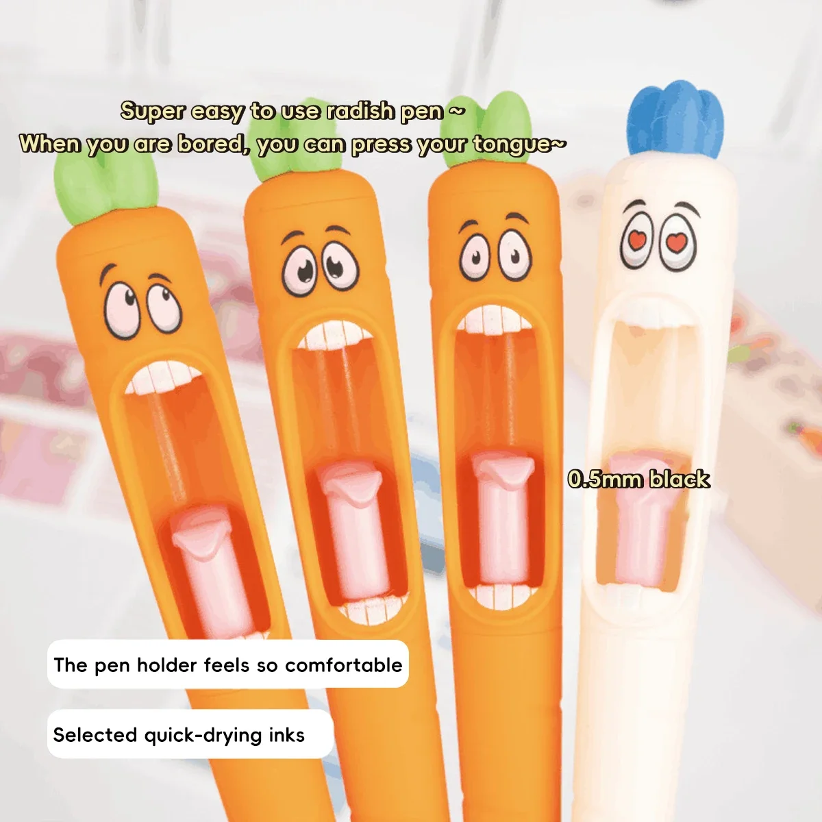 Bolígrafos Kawaii de dibujos animados, bolígrafo de Gel con forma de zanahoria, diseño de recambio de lengua retráctil, bolígrafos de tinta negra, regalo de papelería para oficina y escuela - imagen 2