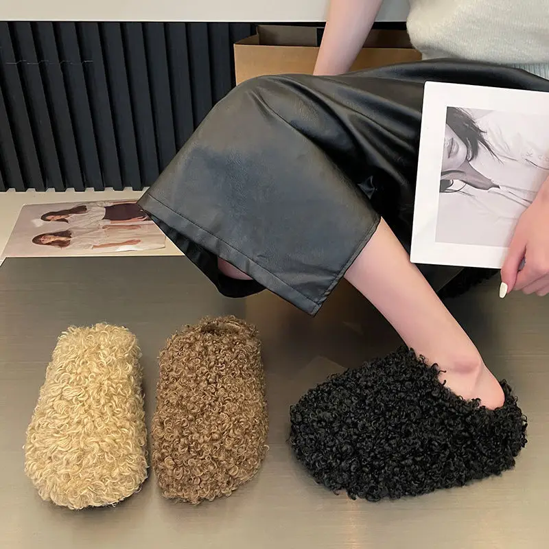 Pantuflas de piel sintética mullidas para mujer con plataforma