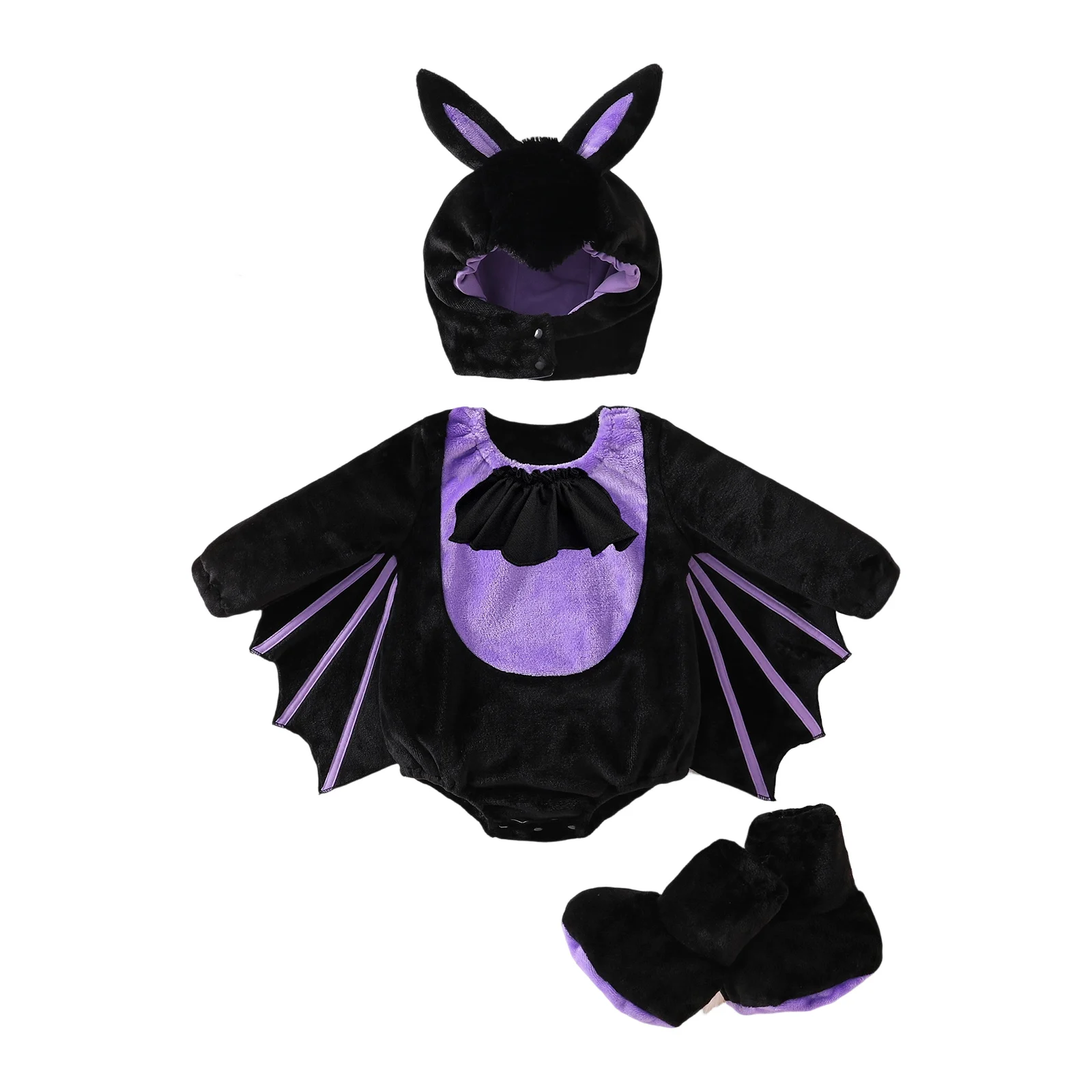 VISgogo Disfraz de Halloween de murciélago para bebé, ala de murciélago de felpa, mameluco de manga larga, cubre pies y sombrero, juego de 3 piezas