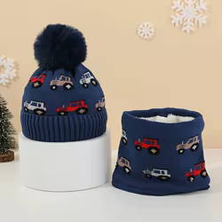 Gorro de punto con diseño de coche para niños, conjunto de bufanda, protección para los oídos, gorro de punto grueso, bufanda, forro polar, calentador de cuello a prueba de viento