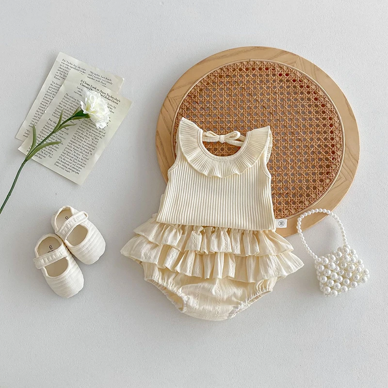 Ropa de verano para niñas de 0 a 2 años, Top sin mangas con cuello de hoja de loto, falda de doble capa, pantalones cortos, traje infantil de 2 uds. - imagen 2