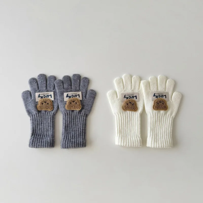 Guantes para niños de moda de otoño: diseño de oso de dibujos animados, estilo de manga larga (popular INS), punto cálido separado con los dedos para niños y niñas. - imagen 2