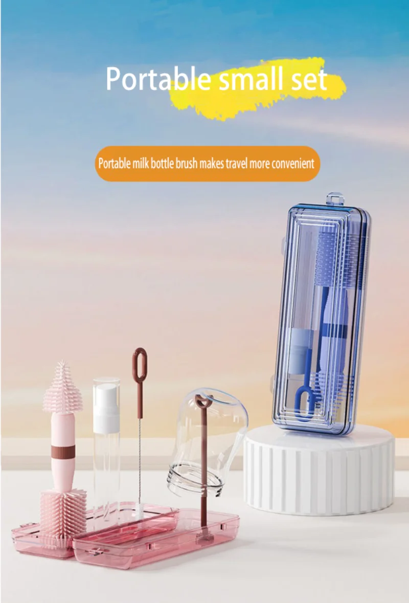 Cepillo de limpieza de botellas de silicona, juego de limpieza de botellas de viaje para bebé, caja de almacenamiento, cepillo para pezones, estante de goteo, juego de viaje - imagen 4