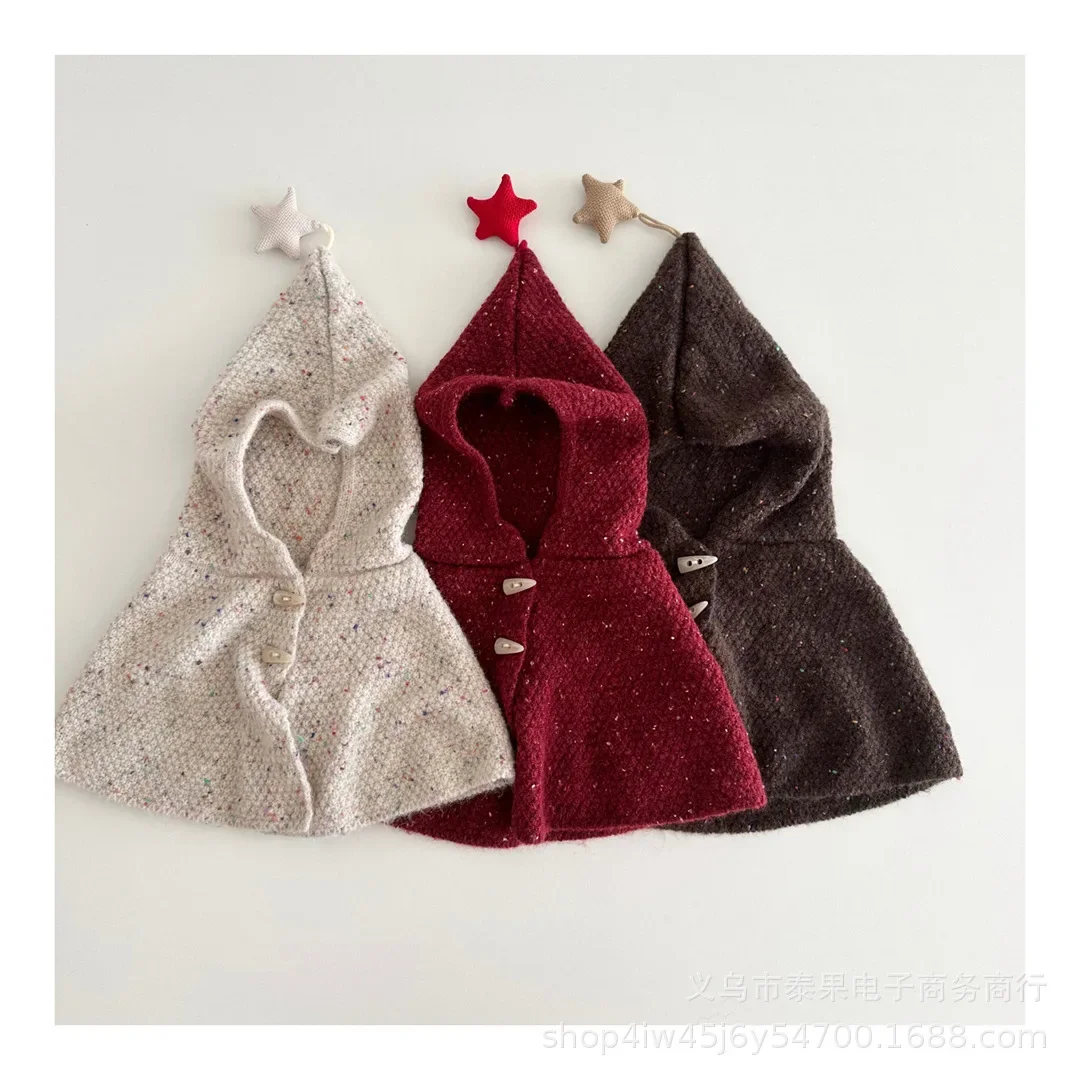 Gorro con estampado de estrellas para bebé, gorro y chal 2 en 1 con botón de cuerno Vintage, capa de protección contra el frío para invierno y exteriores