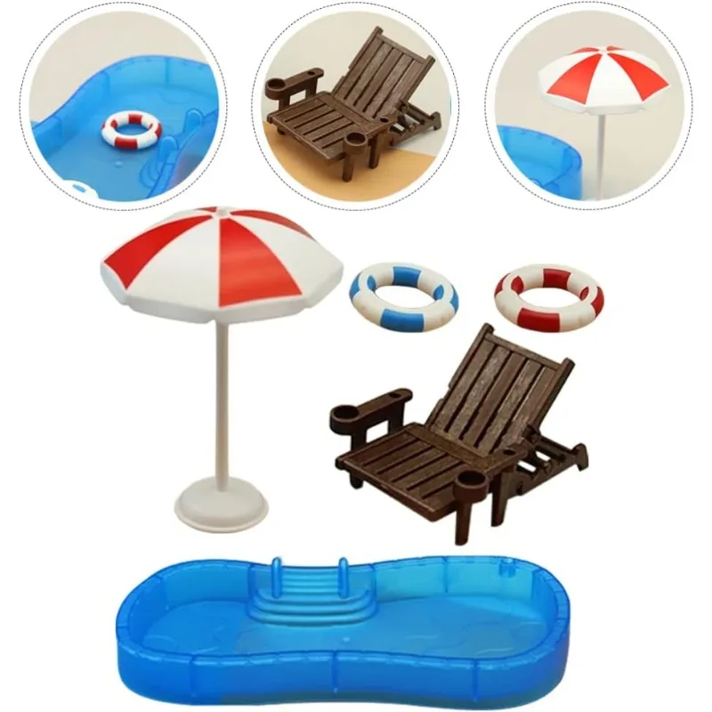 Juego de decoración para casa de muñecas en miniatura de playa con silla tipo paraguas, anillo de natación, juego de piscina para casa de muñecas, accesorios de juguete