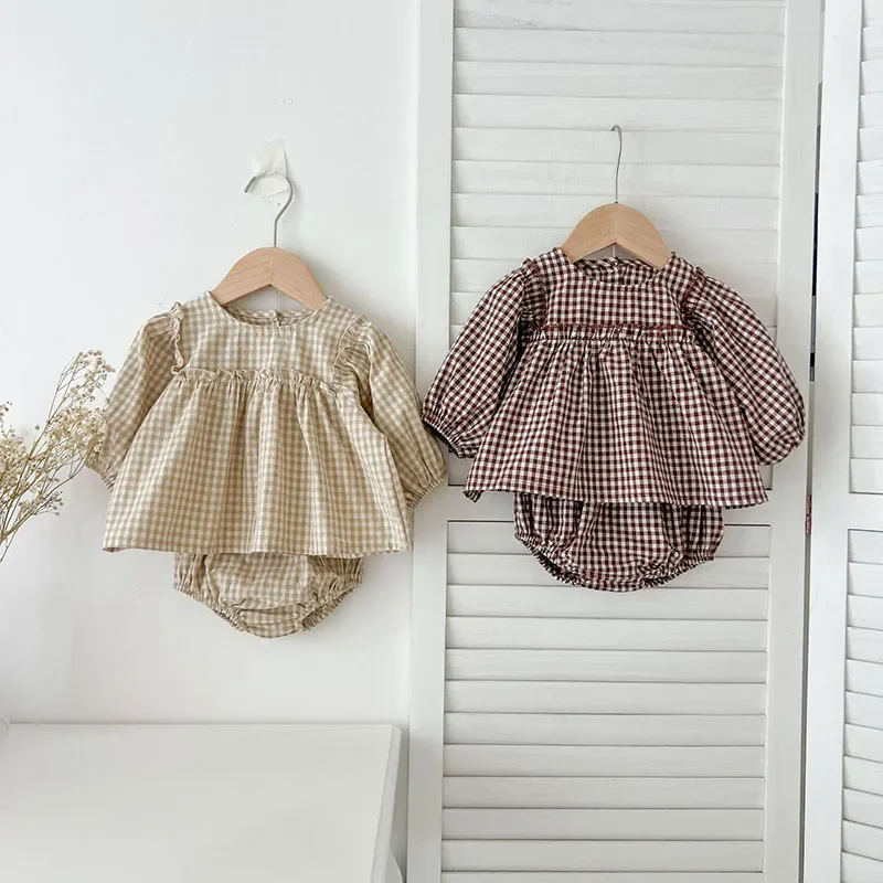 Conjunto de ropa para bebé de 0 a 2 años, blusa holgada a cuadros + Bloomer, traje de 2 uds., camisa y pantalones cortos para muñeca pequeña, primavera y otoño - imagen 2