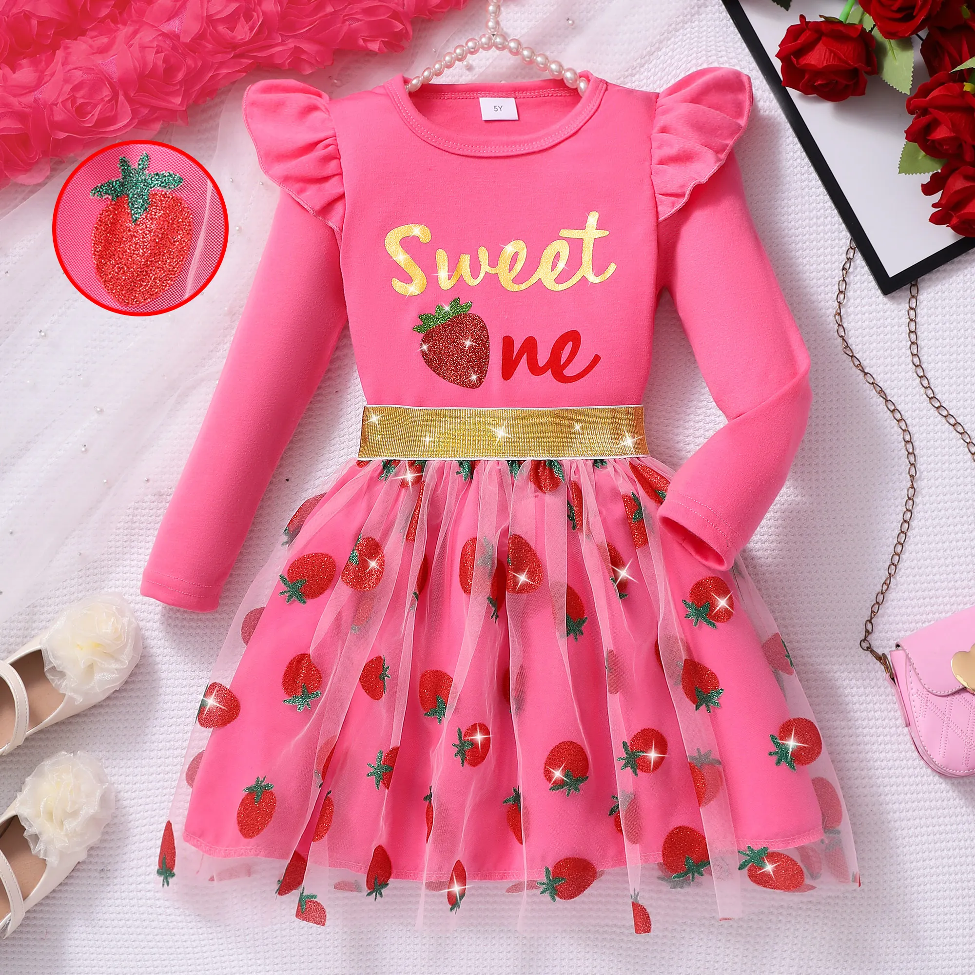 Conjunto niña fresa camiseta manga larga y falda de malla rosa - imagen 5