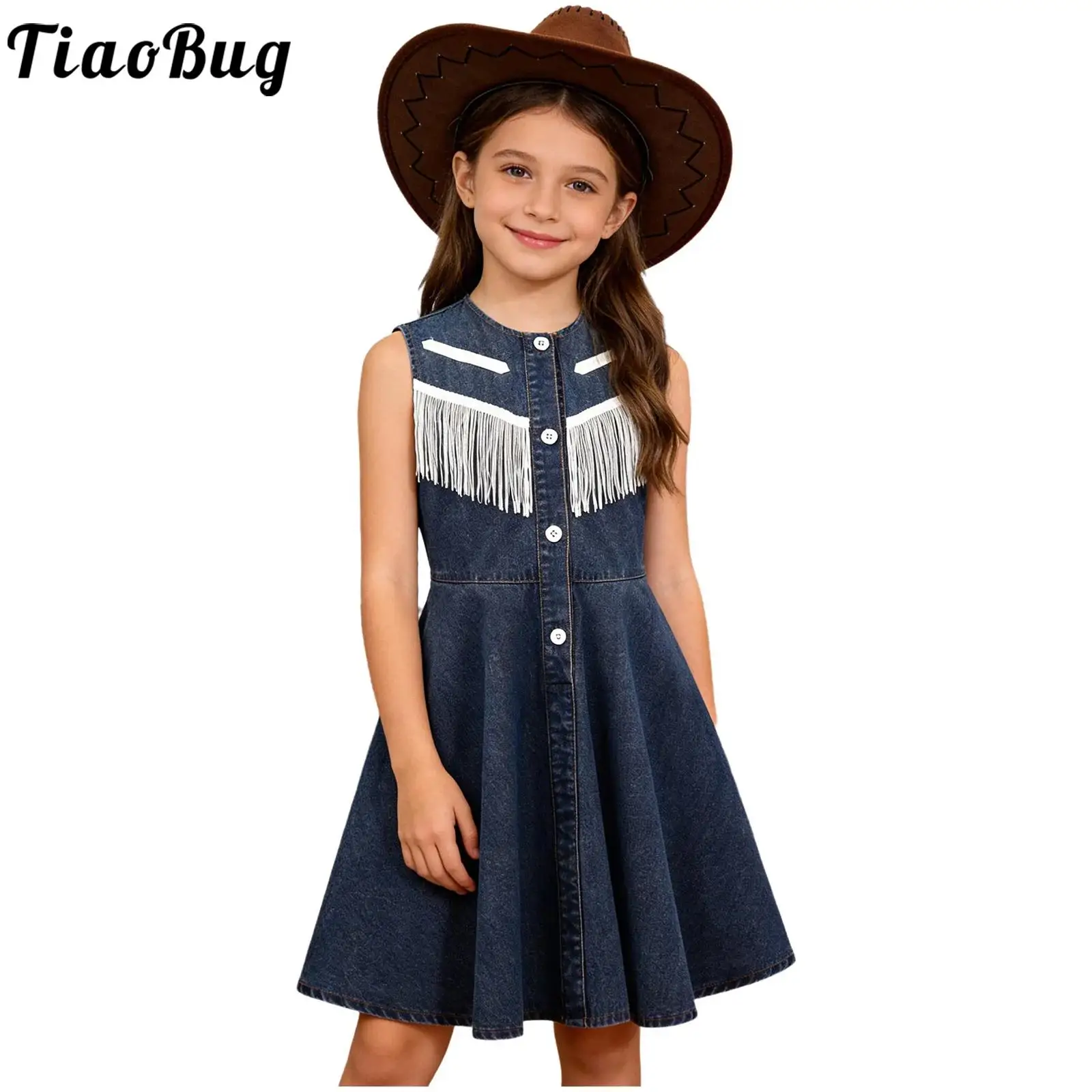 Vestido vaquero de mezclilla para niña – Corte A sin mangas con botones - imagen 3