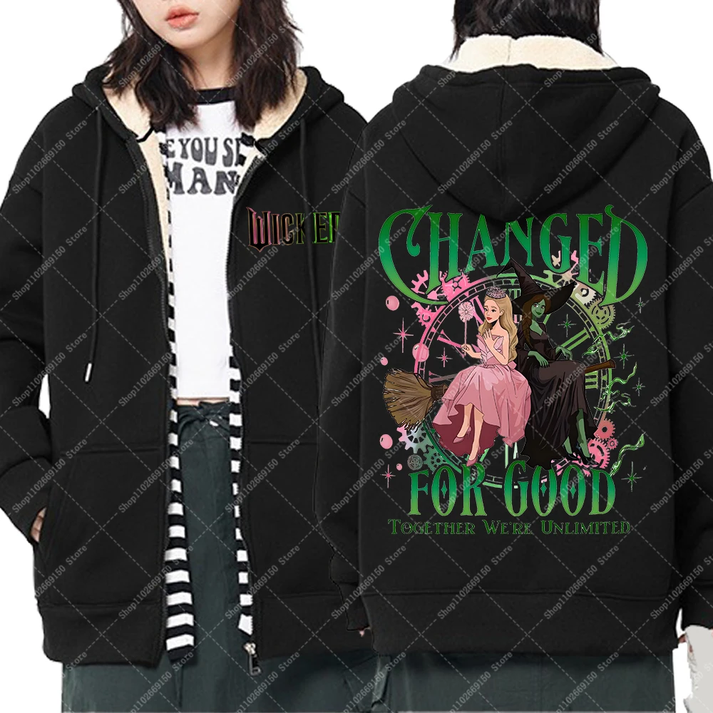 Película Wickeds Sudaderas con capucha de lana con cremallera para mujeres adultas Chaqueta de moda de anime Ropa de invierno Sudadera con capucha Cárdigan Regalos de Navidad