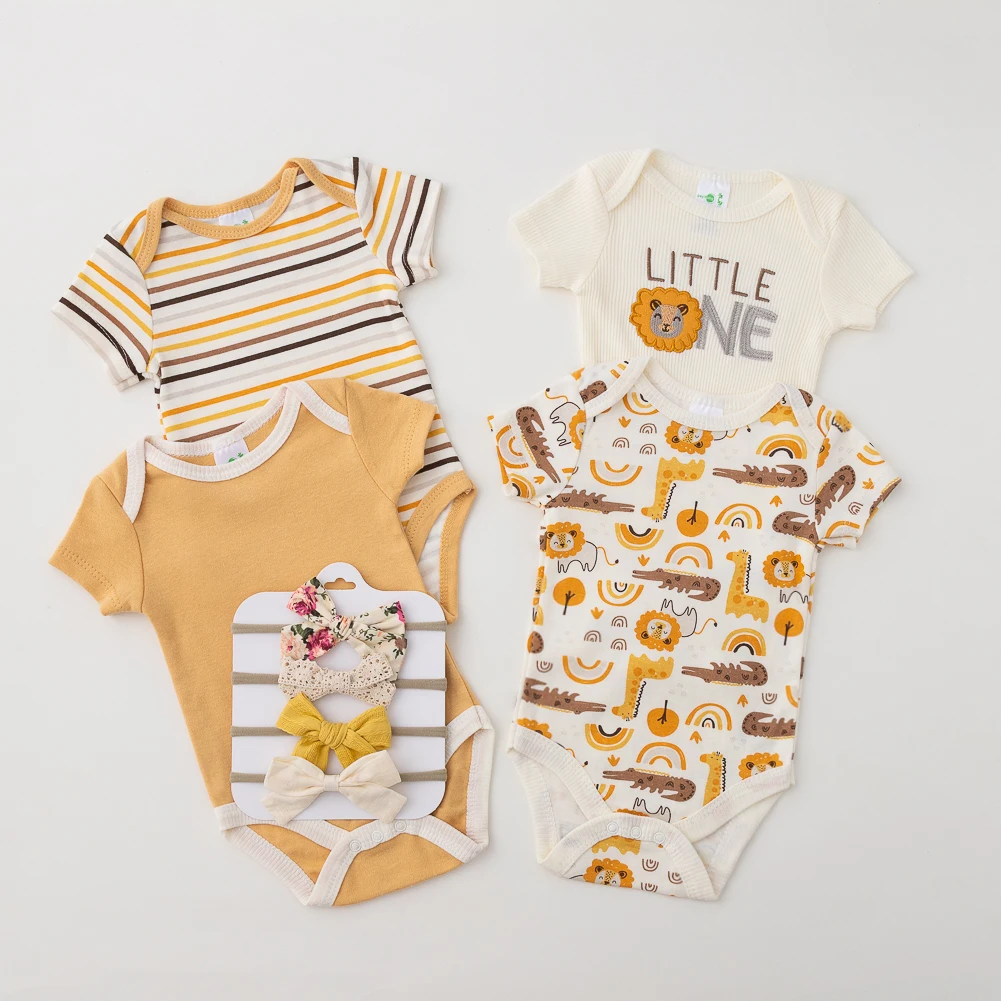 Peleles a rayas de León para bebé, conjunto de diademas de manga corta de algodón, monos con estampado de flores a cuadros, ropa infantil, 8 piezas