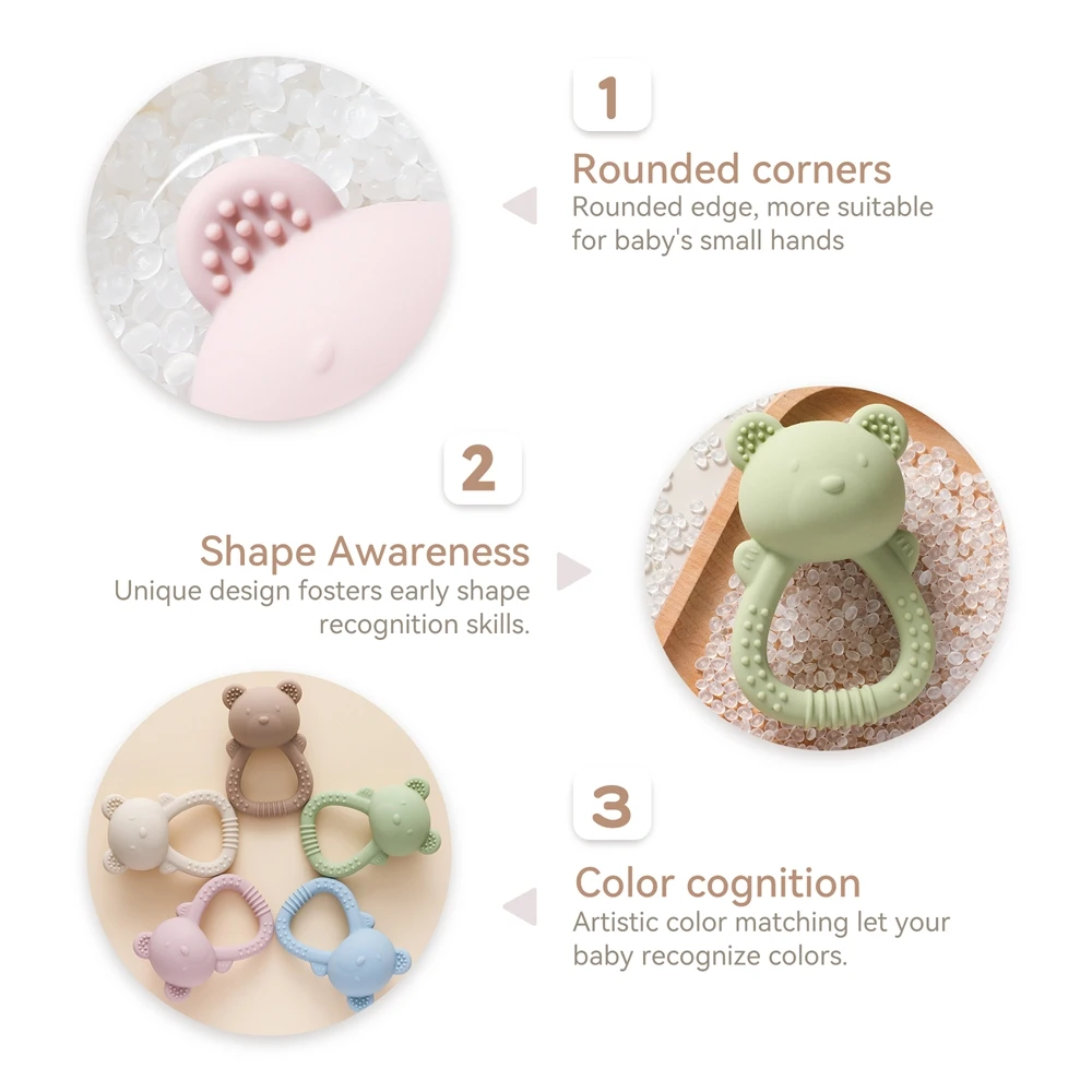 Mordedor de silicona para bebé, campana de mano de oso, juguetes mordedores de calidad alimentaria, sonajero para bebé de 0 a 12 meses, juguetes sensoriales de silicona, juguete para la dentición - imagen 3
