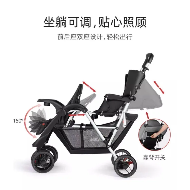 Cochecito de bebé ligero y plegable con asientos delanteros y traseros gemelos - imagen 3