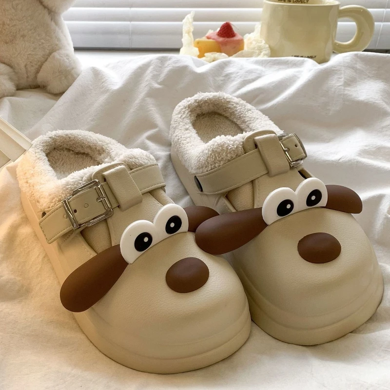 Zapatillas de calle de interior impermeables para mujer, bonitos dibujos animados, perro DIY, zapatos de casa para otoño e invierno, chanclas de algodón cálidas de felpa para el hogar