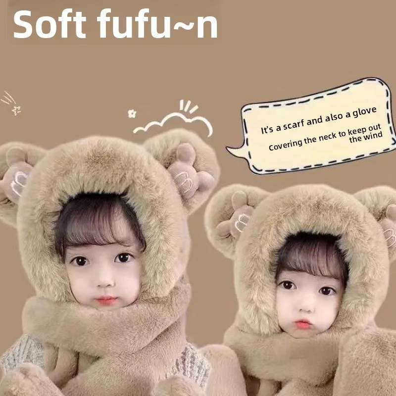 Conjunto 3 en 1 para niños de otoño e invierno: combinación de gorro, bufanda y guantes de felpa gruesos y cálidos, estilo de cubierta para la cabeza para niños, niñas y niños pequeños. - imagen 3