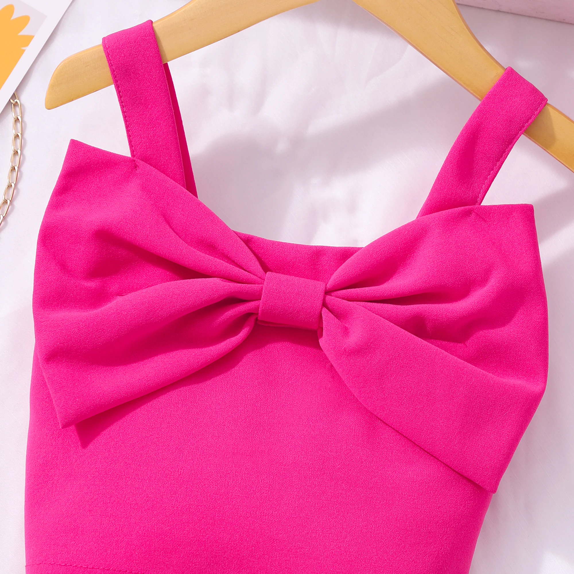 Conjunto de ropa rosa roja para niñas, chaleco con lazo de verano + Pantalones cortos, 2 uds., traje informal de moda para niñas pequeñas de 2, 3, 4, 5, 6, 7 años - imagen 3