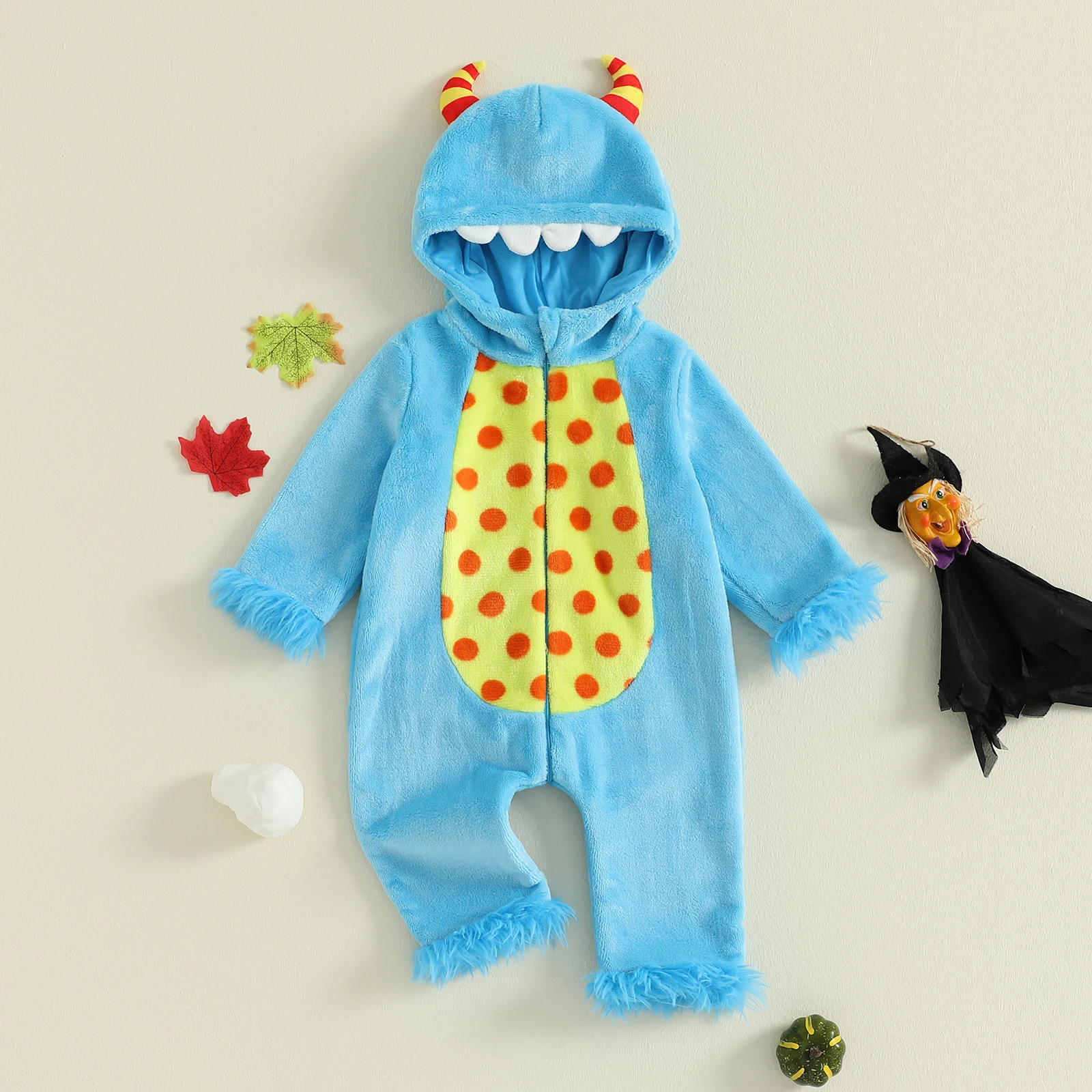 Bebé niño niñas Halloween mono casual manga larga con cremallera de felpa con capucha dinosaurio mamelucos