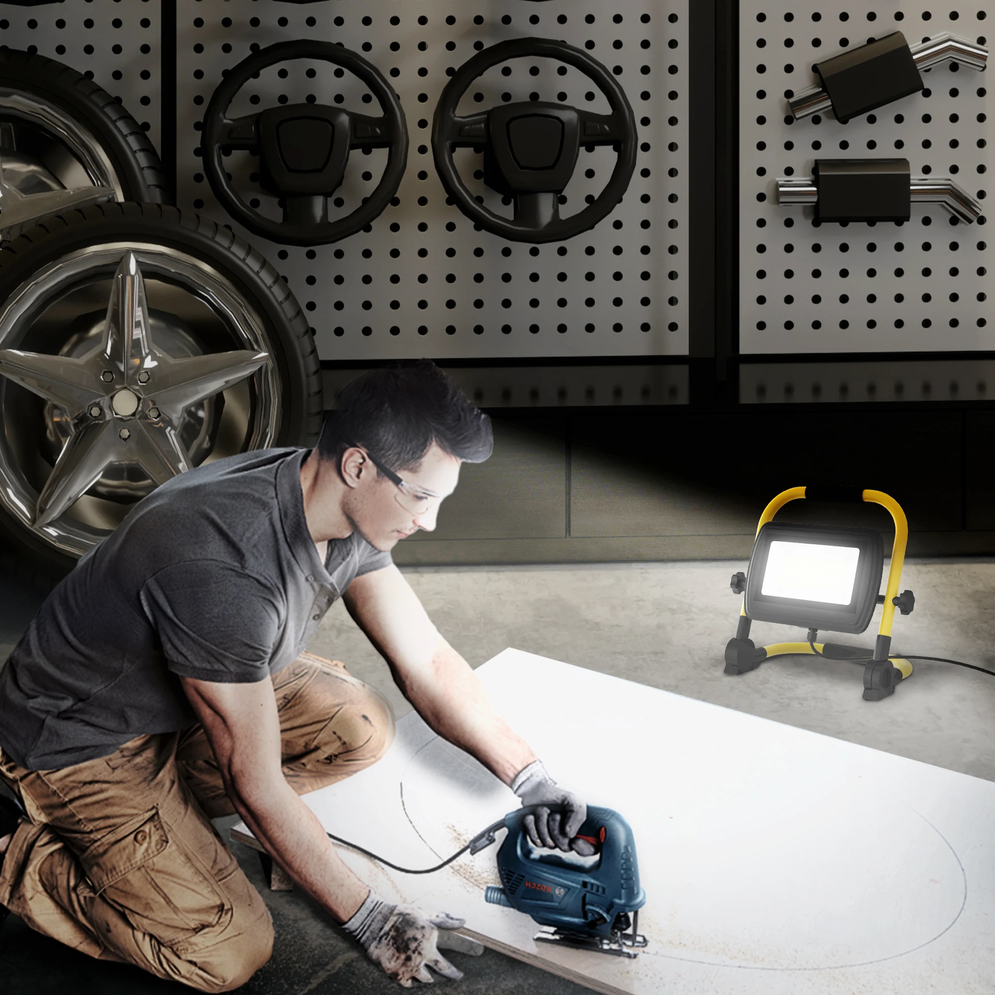 HOMCOM Foco LED con Cabezas y Soporte Ajustables 50 W 4250 Lúmenes IP65 6500K Foco Proyector Led Resistente a la Intemperie Portátil con Asa para Interior y Exterior Amarillo y Negro - imagen 2