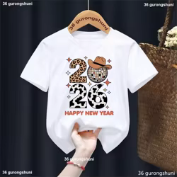 Camiseta con estampado de leopardo y vaca de Feliz Año Nuevo para niñas y niños, ropa fresca para niños, regalos de vacaciones, camisetas de manga corta, 2026