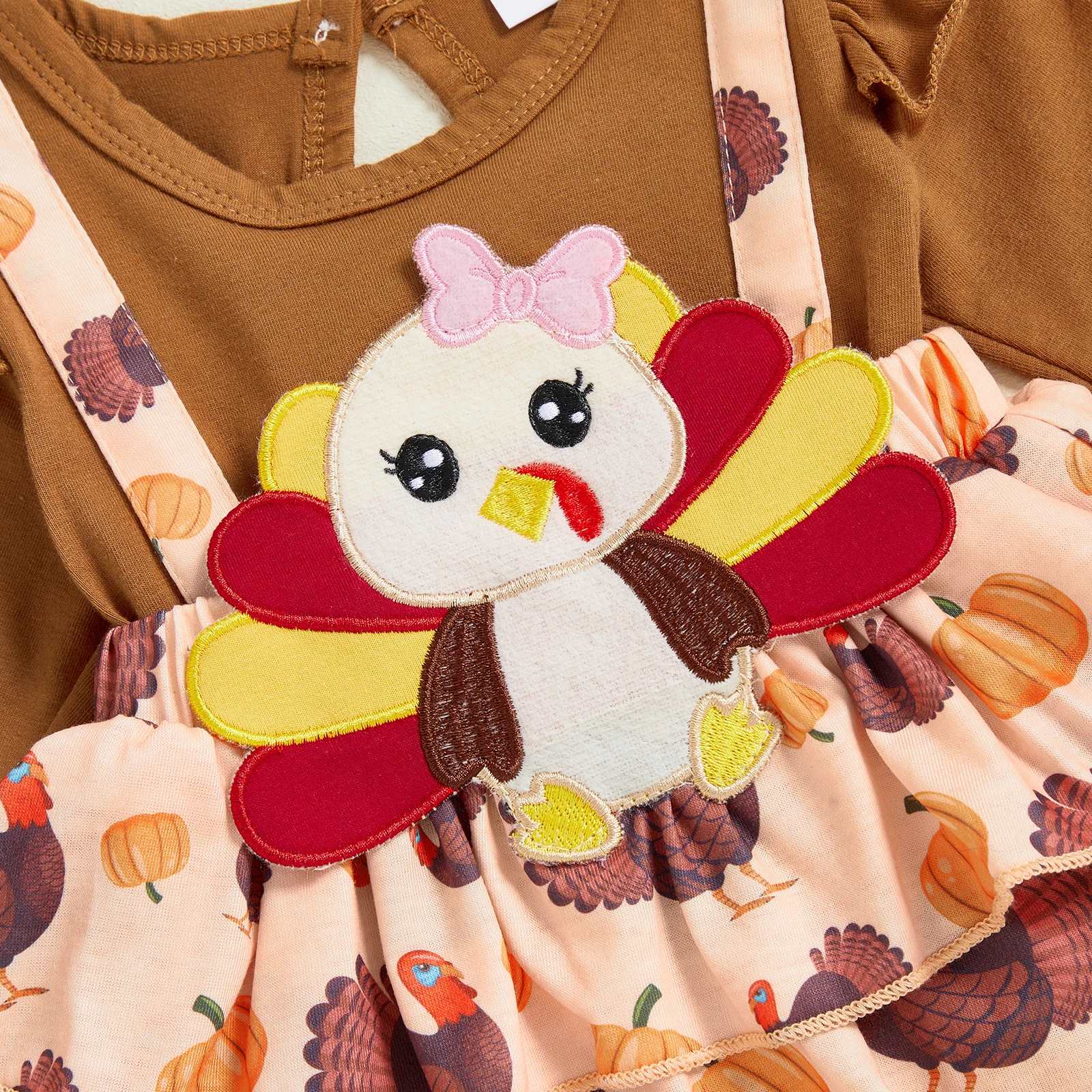 Traje de Acción de Gracias para niña de 0 a 18 meses, vestido mameluco de manga larga con volantes de pavo y diadema con lazo, conjunto de 2 piezas para otoño - imagen 5