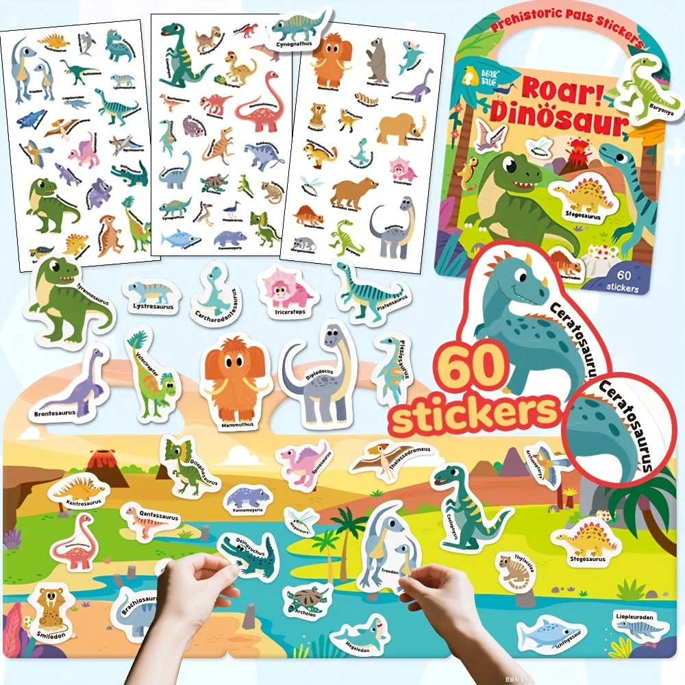 Libro de colección de pegatinas reutilizable para niños pequeños, vehículos de dinosaurios, viñetas de animales divertidos, pegatina ocupada, juguete para regalo para niños y niñas