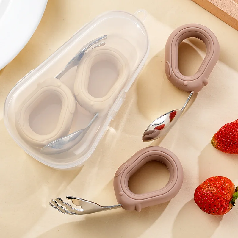 Mango de silicona de acero inoxidable 304, tenedor de entrenamiento para niños y cuchara, leamning para comer, cuchara creativa para codo, complementar para bebés - imagen 2