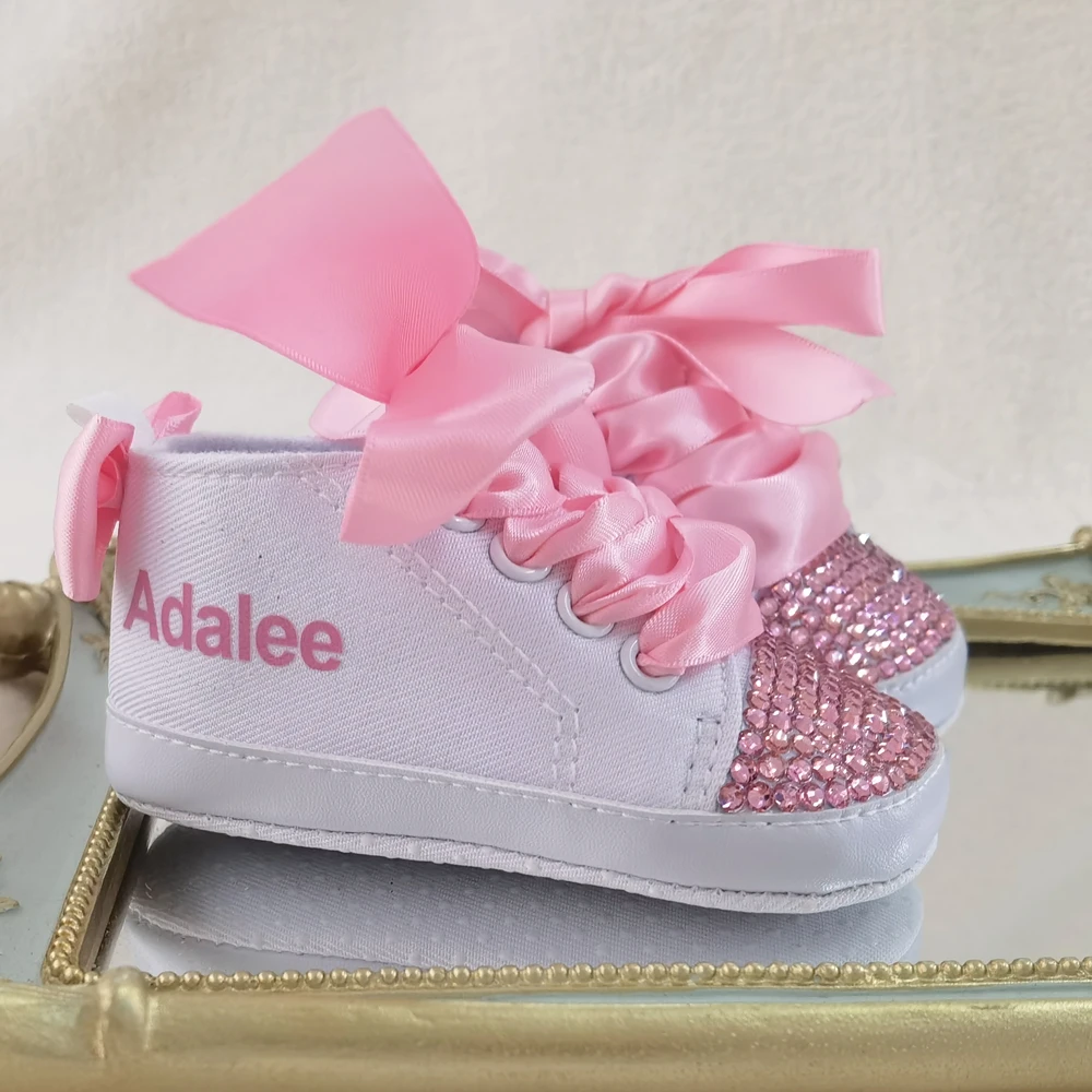 Zapatos de bebé con nombre personalizado, color rosa, para niño y niña, primeros caminantes, decoración para guardería, zapatillas de deporte personalizadas con purpurina para Baby Shower