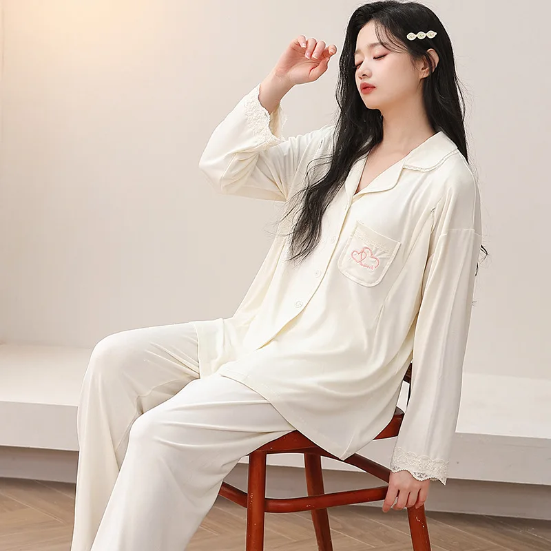 Nuevos pijamas de primavera para mujeres embarazadas, traje de casa de maternidad de Modal liso para amamantar posparto de manga larga - imagen 3