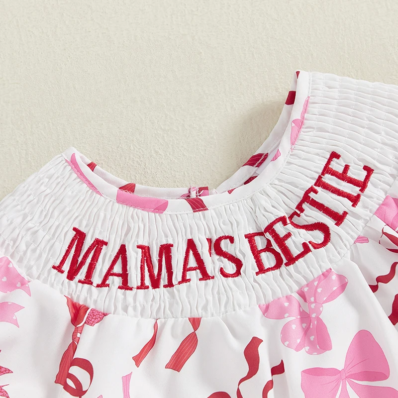 Suefunskry Body para niña con estampado de lazo bordado y letras, cuello redondo, manga corta, mameluco infantil - imagen 3