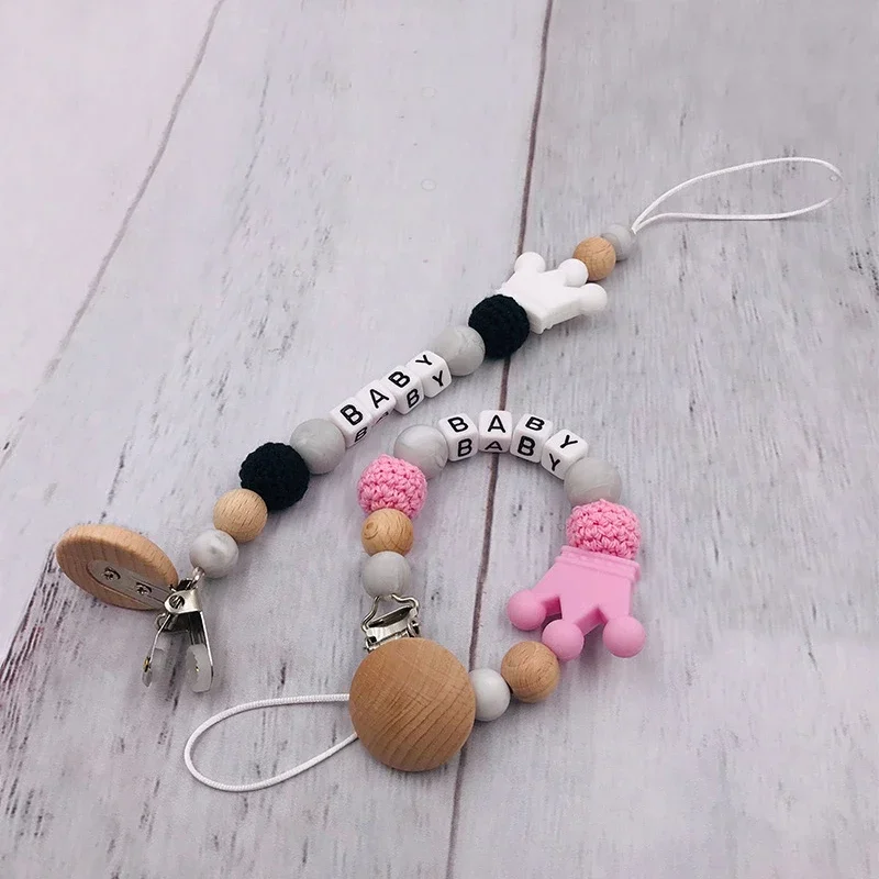 Cadena de chupete cómoda para bebé, cadena de chupete de silicona sin bisfenol de madera de haya para niños, juguete colgante, accesorios para chupete - imagen 4