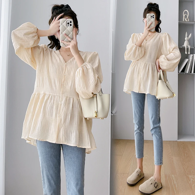 Blusa premamá de algodón con cuello V – Túnica holgada para embarazo - imagen 4