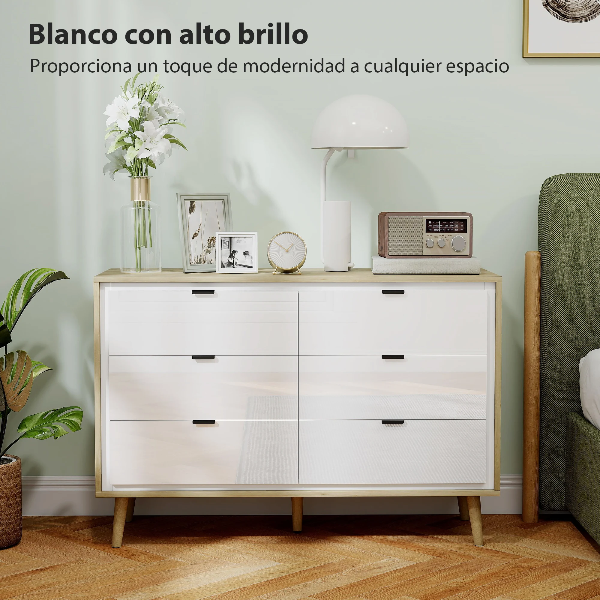 HOMCOM Cómoda 6 Cajones, Cómoda Dormitorio con Patas de Madera, Cajonera para Salón, Oficina, Estilo Moderno, 110x40x75 cm, Blanco Brillo y Roble - imagen 5