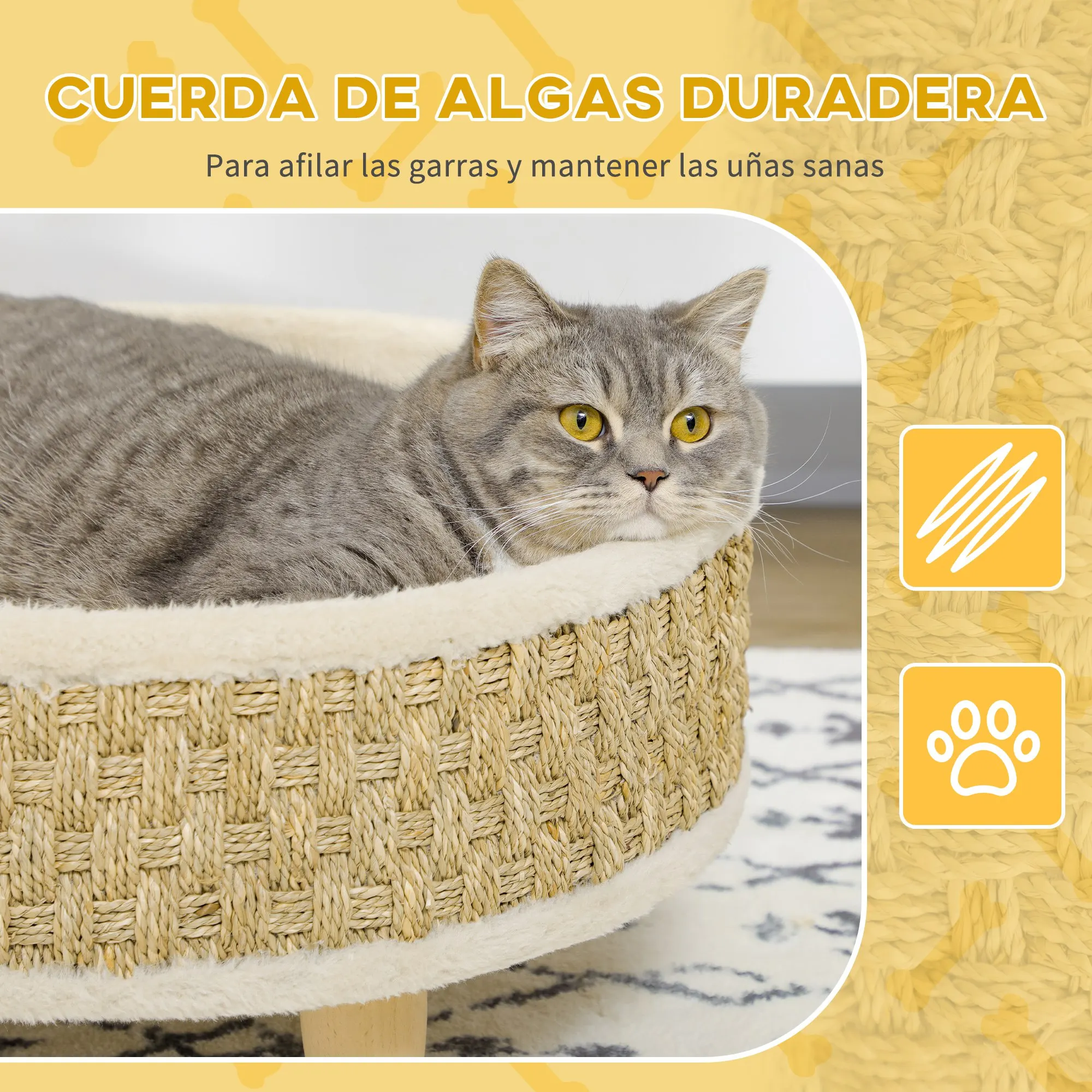 PawHut Cama Elevada para Perros Cama para Perros Miniaturas con Cojín Lavable Cuerda de Seagrass Marco de Madera y Alfombrillas Antideslizantes Sofá para Mascotas para Interior Ø48x24,5 cm Beige - imagen 5
