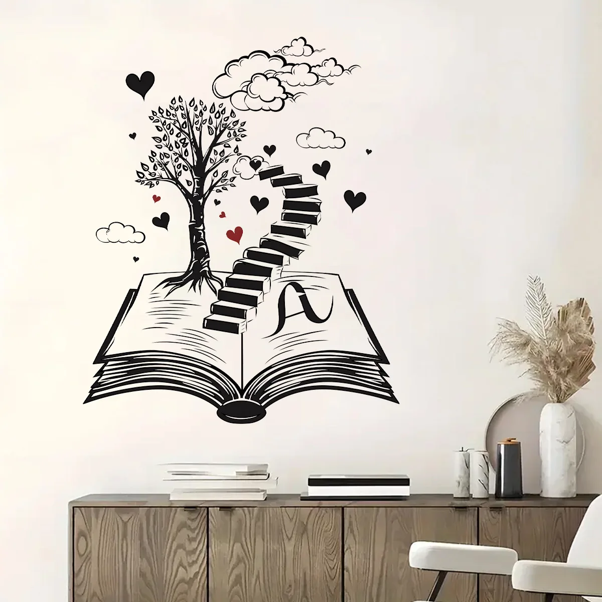 Pegatinas de pared para sala de estar, calcomanías de pared para dormitorio, decoración creativa del hogar, corazón negro, libro, mundo, escalera, árbol, Oficina - imagen 2
