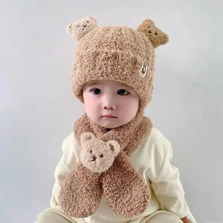 Conjunto de gorro y bufanda cálidos para bebé, gorro de invierno grueso con bonito oso para niños y niñas, accesorios de fotografía recién nacido de lana a prueba de viento - imagen 2