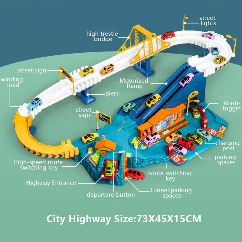 Pista de coche eléctrico para niños, estacionamiento de carrera, Mini coche de carreras, garaje fundido a presión, regalos de vacaciones, juguete educativo de cumpleaños para niños - imagen 2