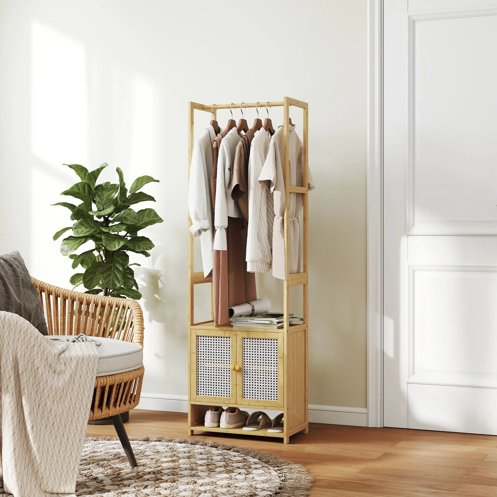 HOMCOM Perchero con Armario, Perchero para Ropa de Bambú, con Zapatero, Barra para Colgar, Estante Ajustable, para Entrada, Pasillo, Dormitorio, 53x31x168 cm, Natural - imagen 2