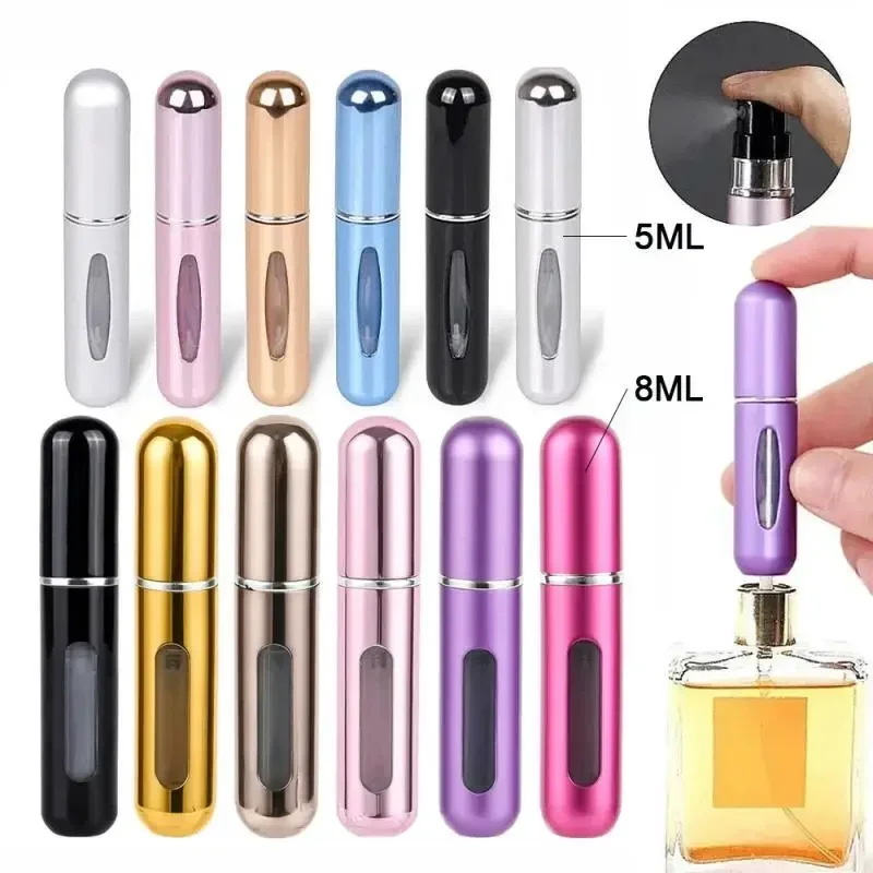 Mini contenedor de líquidos atomizador de Perfume portátil de aluminio de 5ml para cosméticos, botella rellenable vacía de alcohol en aerosol